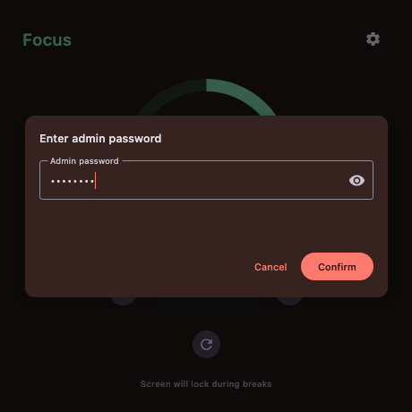 Admin-password dialog gating Pause/Skip/Reset.